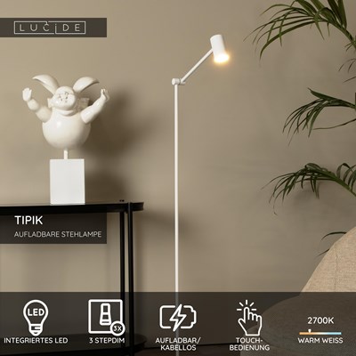 Lucide TIPIK - wiederaufladbare Stehlampe - Akku/Batterie - LED 3 StepDim - 1x3W 2700K - Weiß
